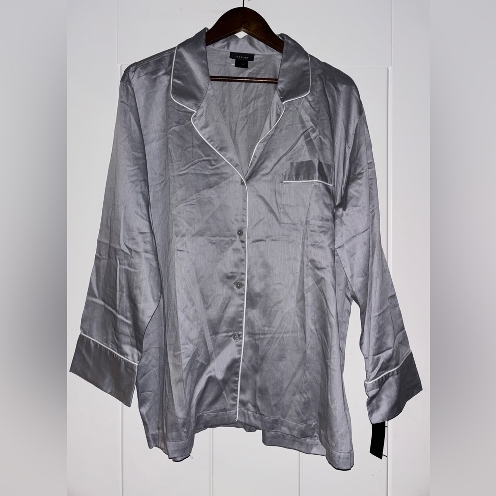 Natori Sateen Cotton Satin Pajama Set‎ XL NEW Silver Gray 2Pc Button Top & Pants